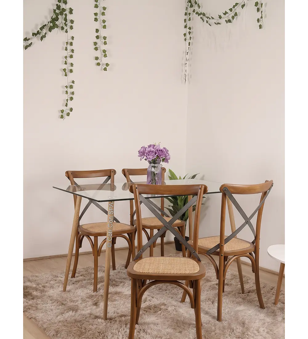 Comedor Rubi Vidrio 120x80cm + 4 Sillas Crossback Madera