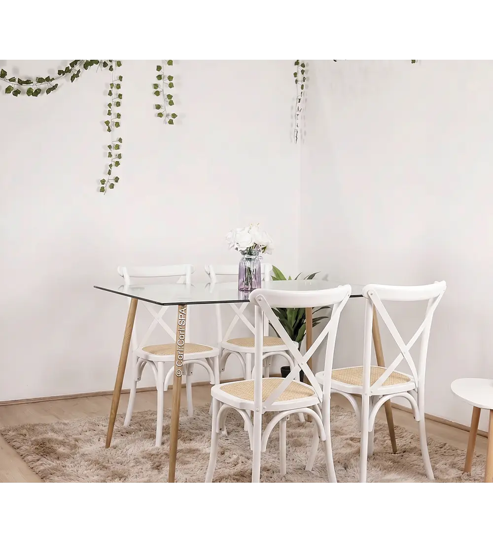 Comedor Rubi Vidrio 120x80cm + 4 Sillas Crossback Madera