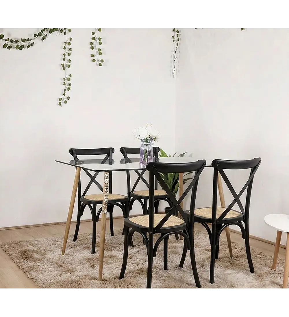 Comedor Rubi Vidrio 120x80cm + 4 Sillas Crossback Madera