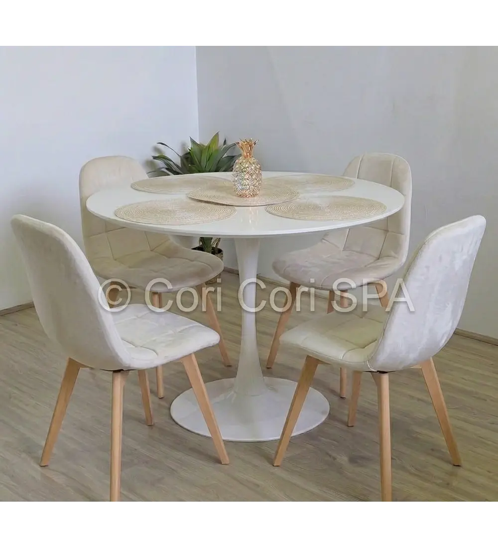Comedor Mesa Tulip 100cms Blanca + 4 Sillas Capitonne Velvet