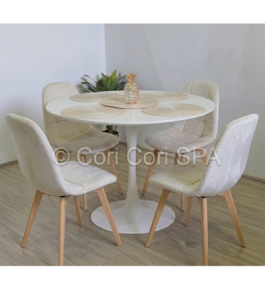 Comedor Mesa Tulip 100cms Blanca + 4 Sillas Capitonne Velvet