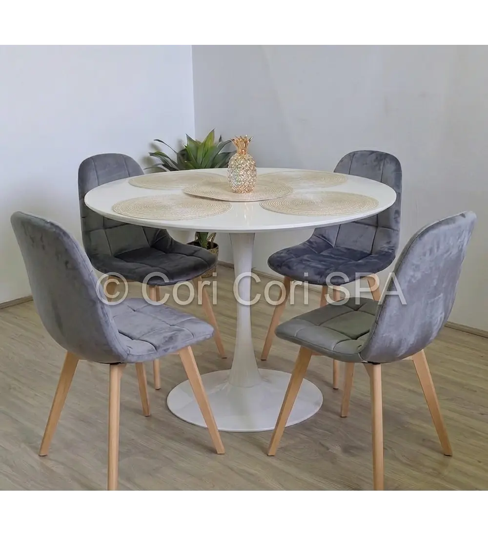 Comedor Mesa Tulip 100cms Blanca + 4 Sillas Capitonne Velvet
