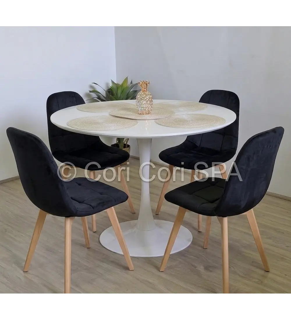 Comedor Mesa Tulip 100cms Blanca + 4 Sillas Capitonne Velvet