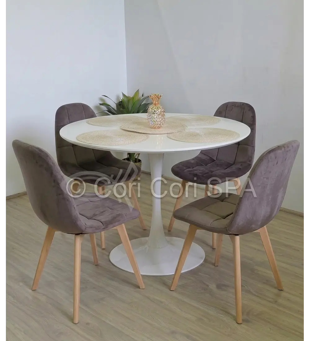 Comedor Mesa Tulip 100cms Blanca + 4 Sillas Capitonne Velvet