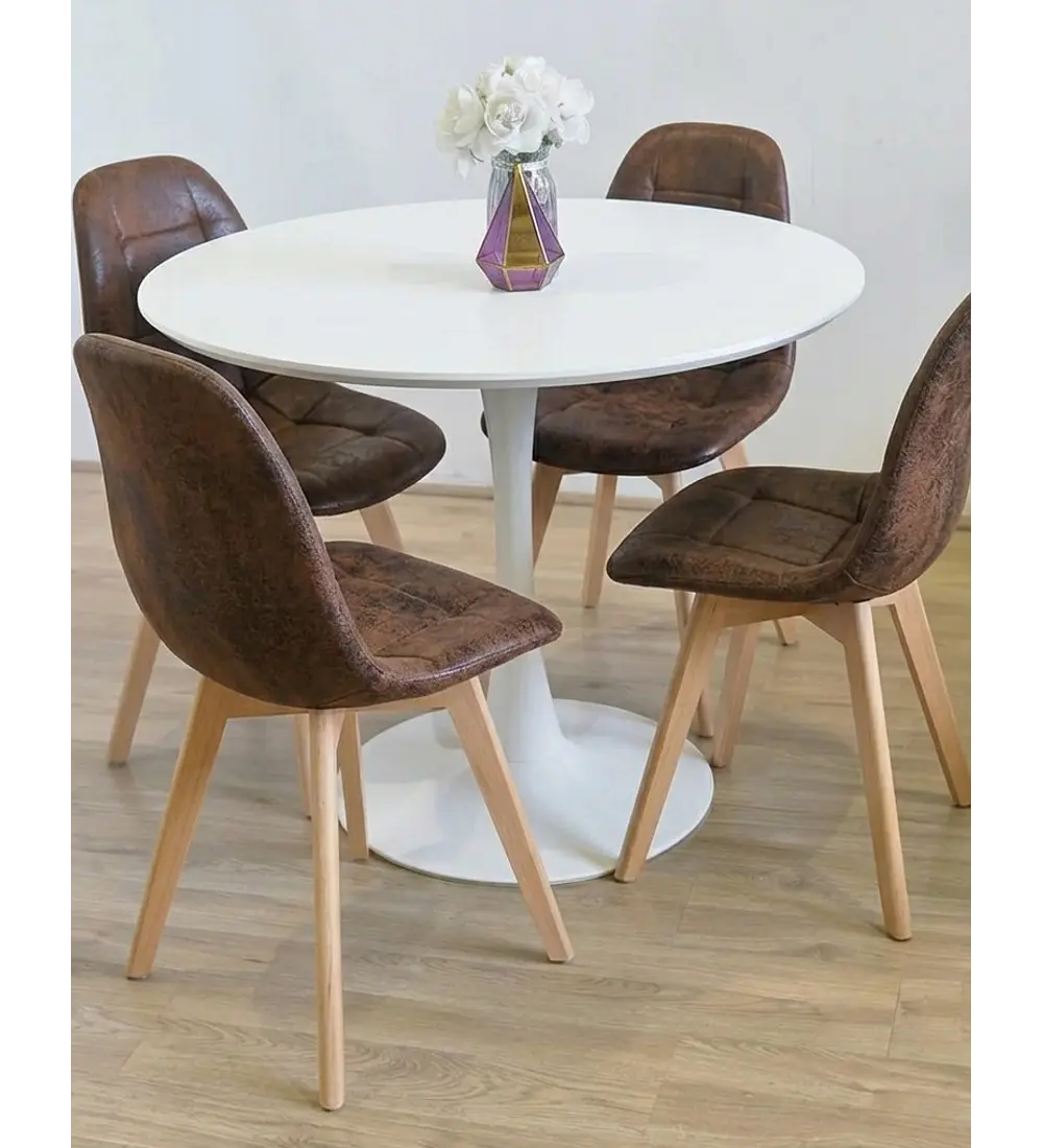 Comedor Mesa Tulip 100cms Blanca + 4 Sillas Capitonne Vintage