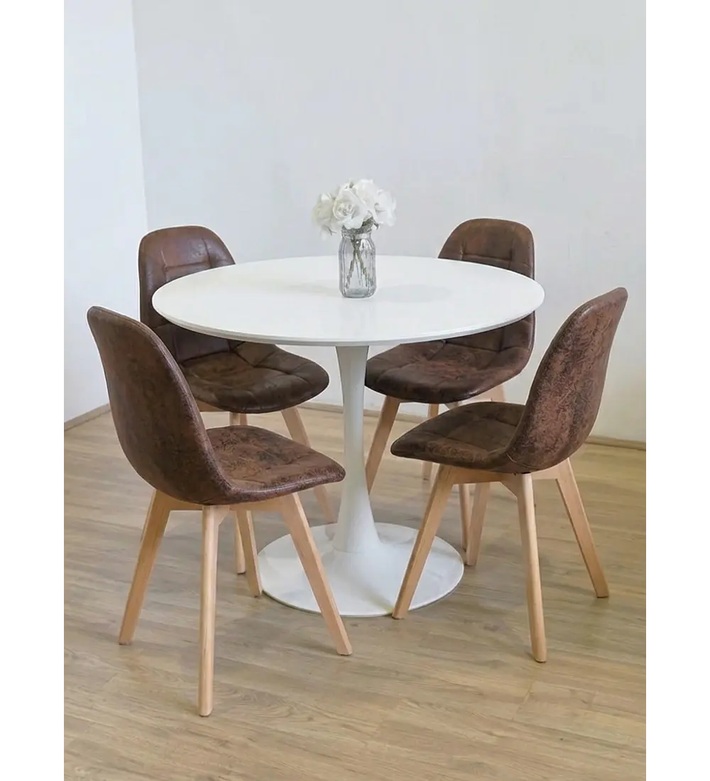 Comedor Mesa Tulip 100cms Blanca + 4 Sillas Capitonne Vintage
