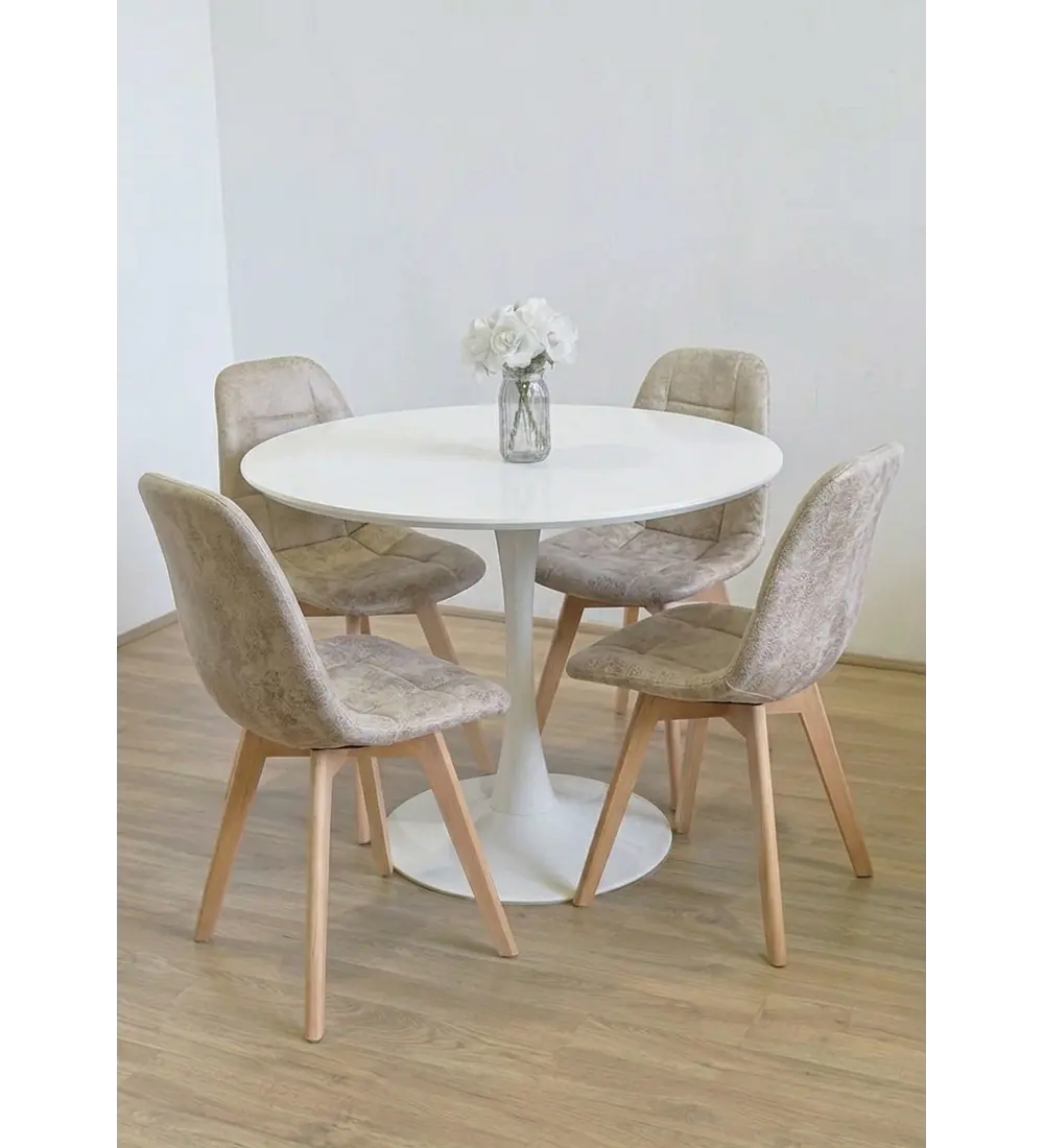 Comedor Mesa Tulip 100cms Blanca + 4 Sillas Capitonne Vintage