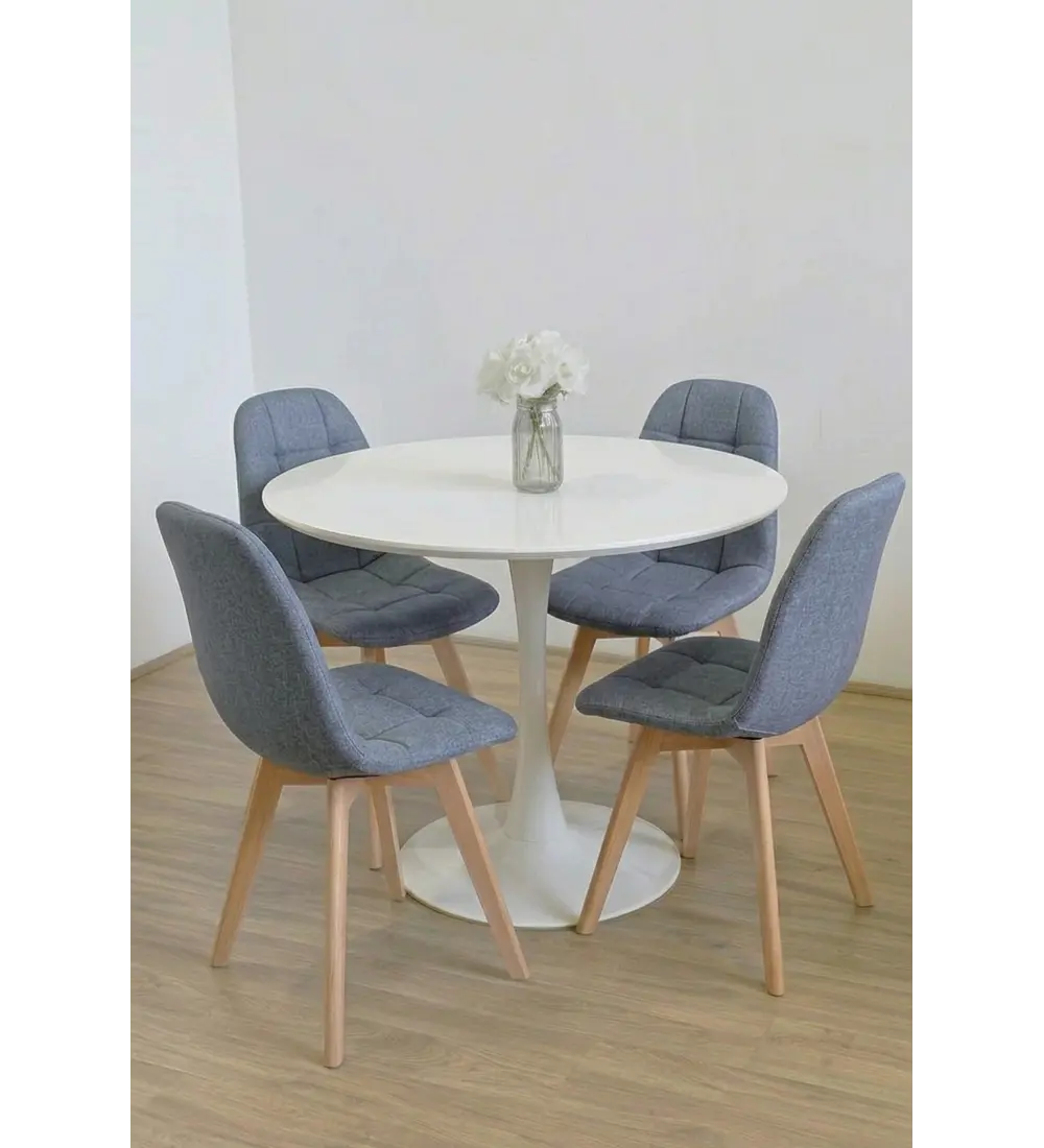 Comedor Mesa Tulip 100cms Blanca + 4 Sillas Capitonne Lino