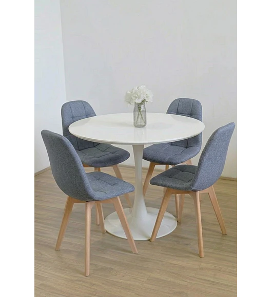 Comedor Mesa Tulip 100cms Blanca + 4 Sillas Capitonne Lino