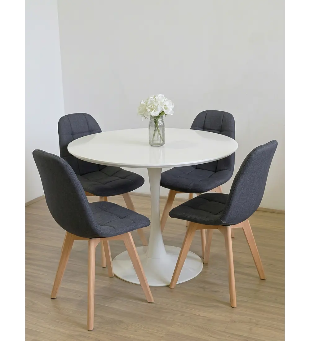 Comedor Mesa Tulip 100cms Blanca + 4 Sillas Capitonne Lino