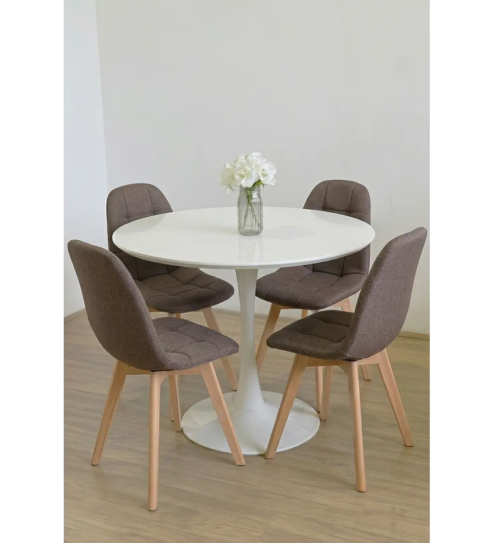 Comedor Mesa Tulip 100cms Blanca + 4 Sillas Capitonne Lino