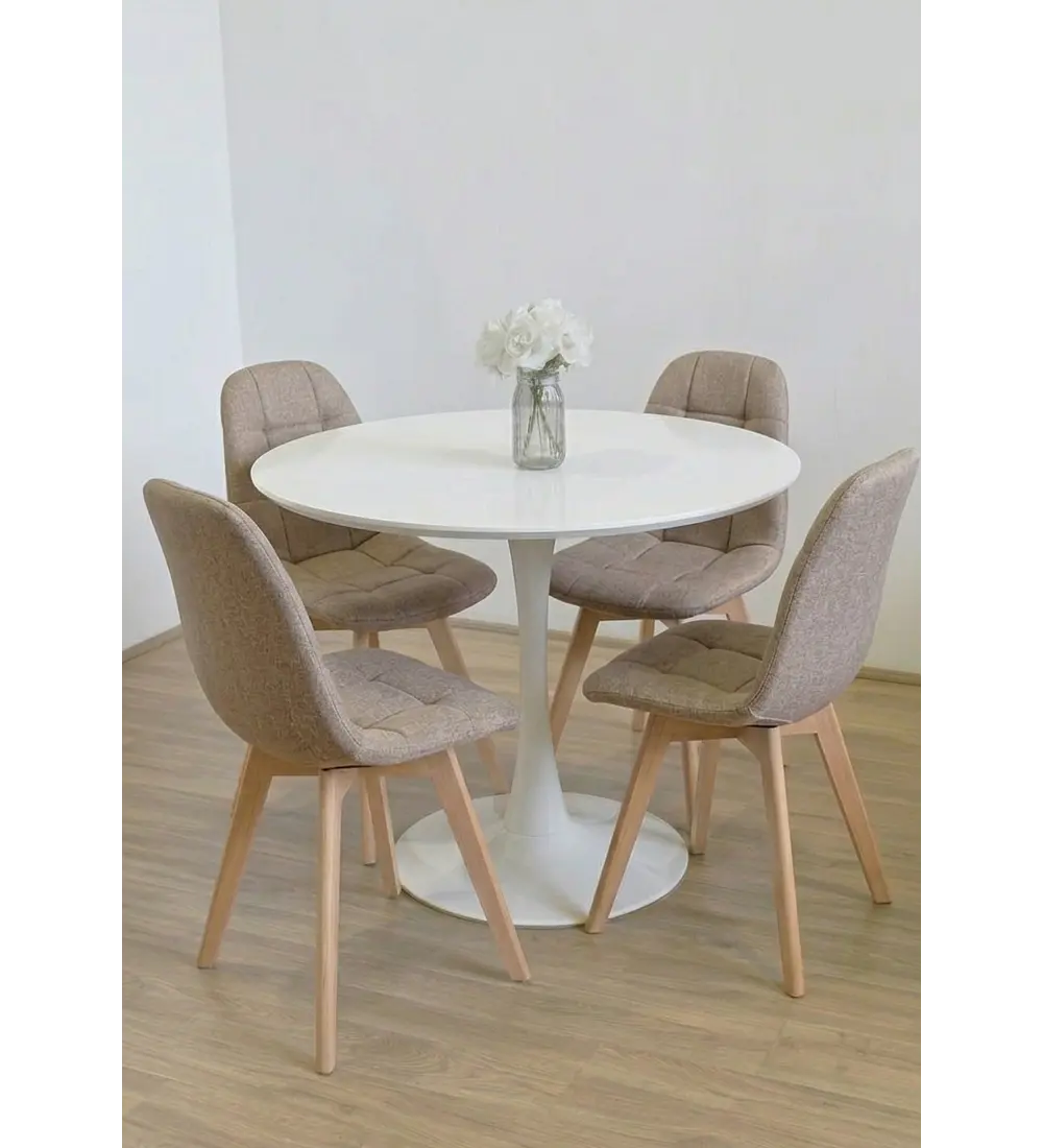 Comedor Mesa Tulip 100cms Blanca + 4 Sillas Capitonne Lino