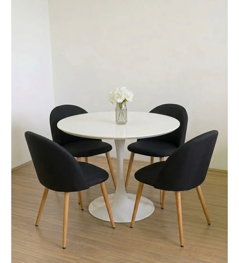 Comedor Mesa Tulip 100cms Blanca + 4 Sillas Bread Lino