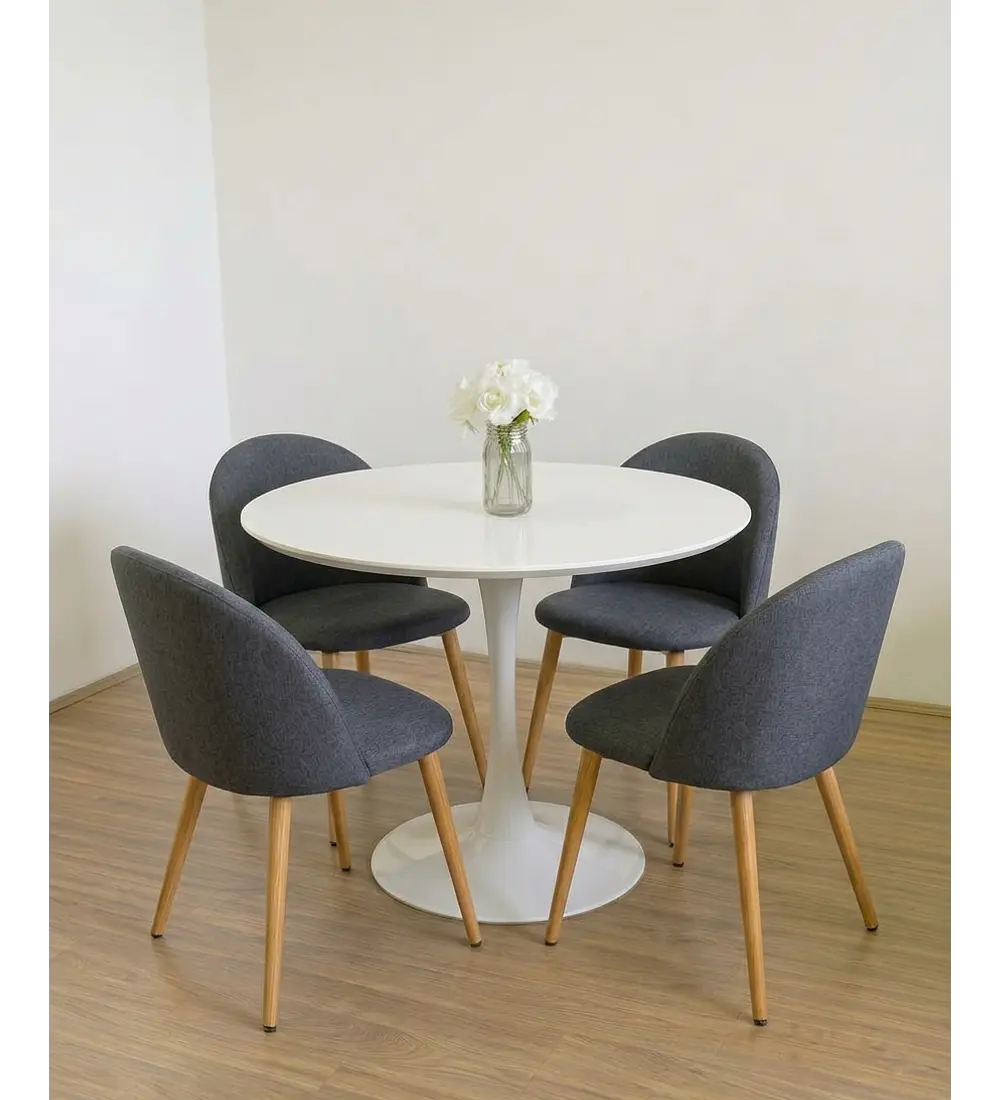 Comedor Mesa Tulip 100cms Blanca + 4 Sillas Bread Lino