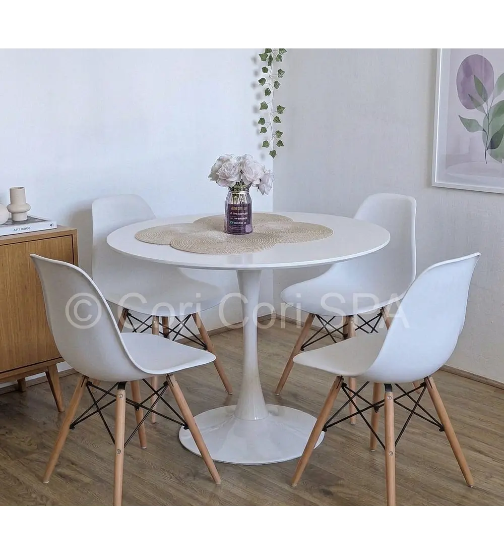 Comedor Mesa Tulip Blanca 100cms + 4 Sillas Eames