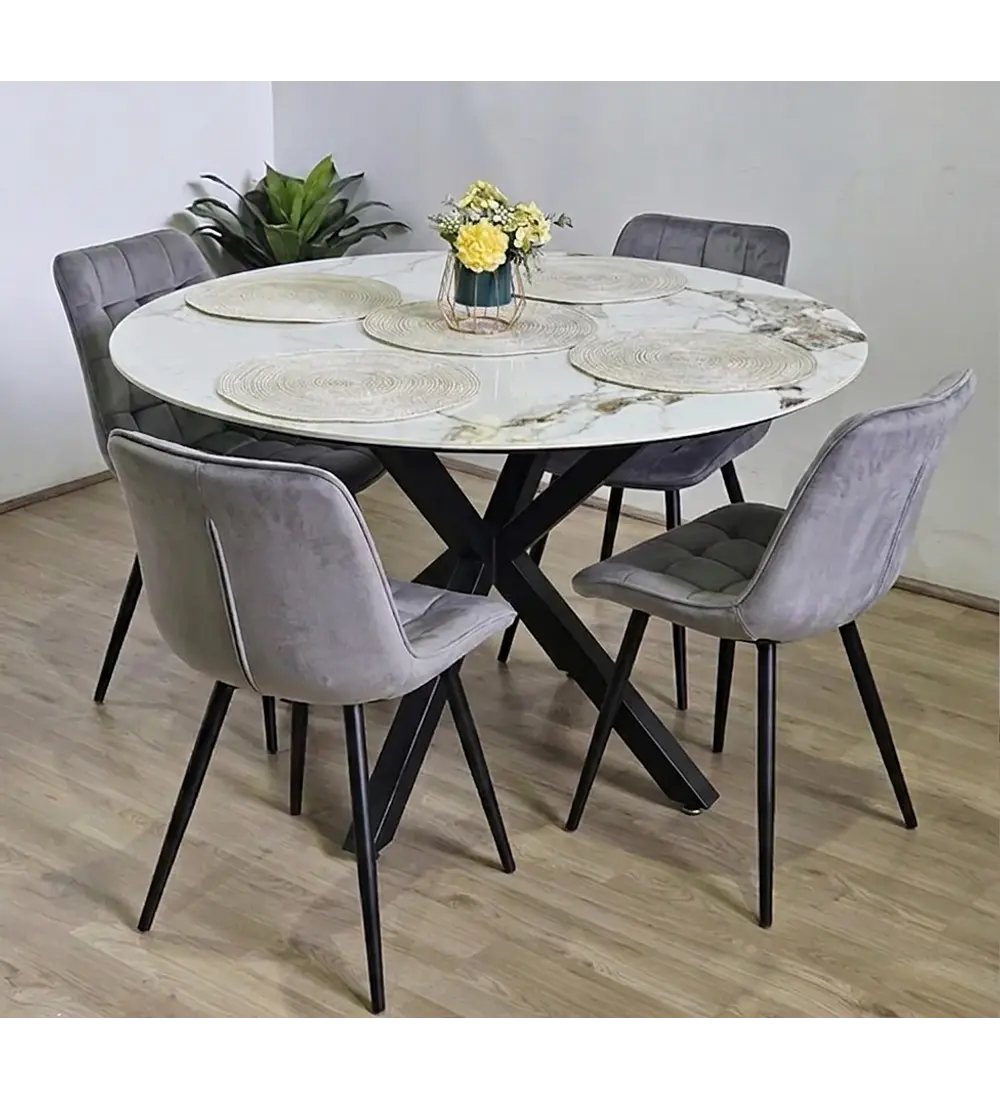 Comedor Warwick Stone + 4 Silla Capitonne Top Velvet Black