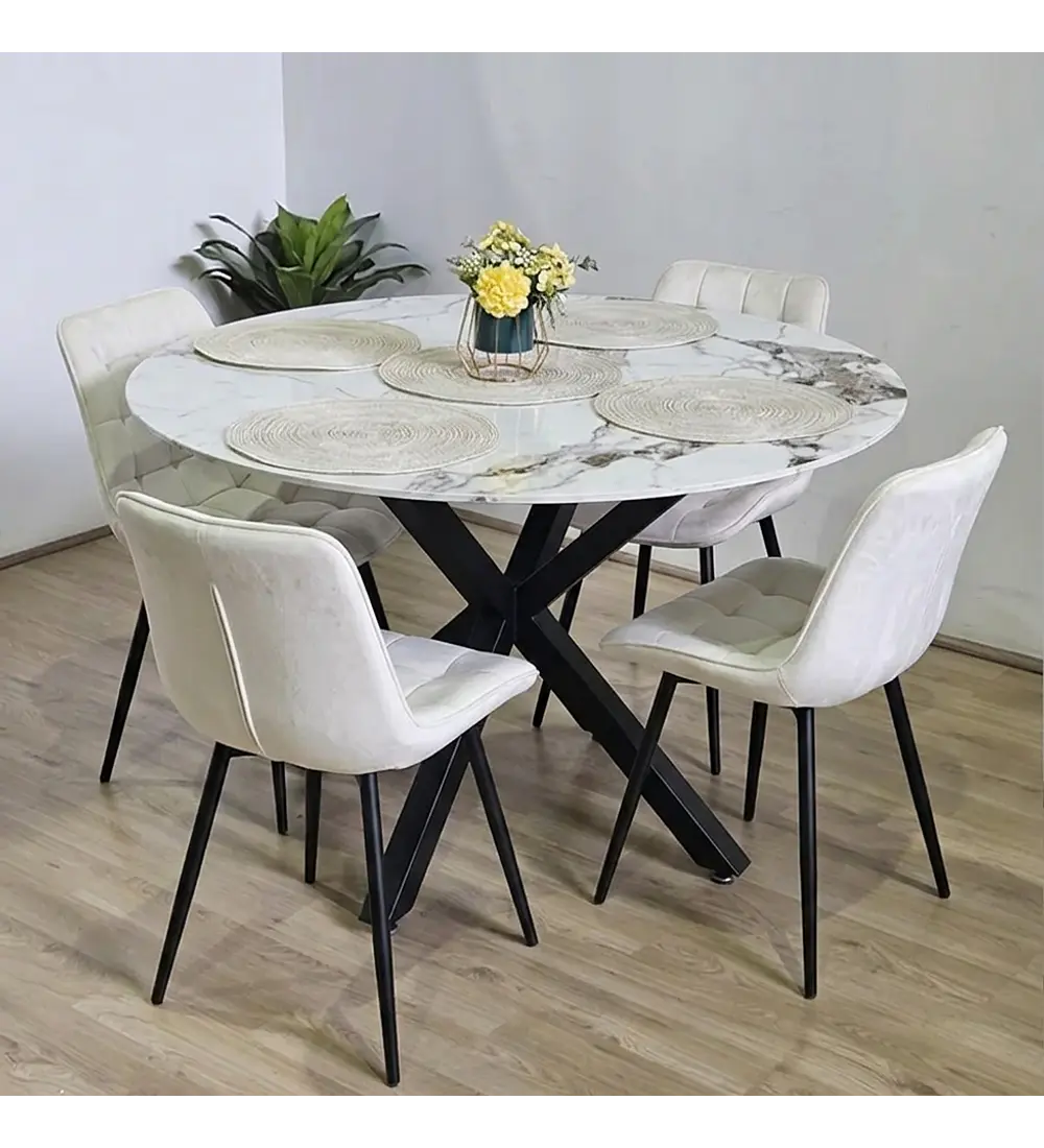 Comedor Warwick Stone + 4 Silla Capitonne Top Velvet Black
