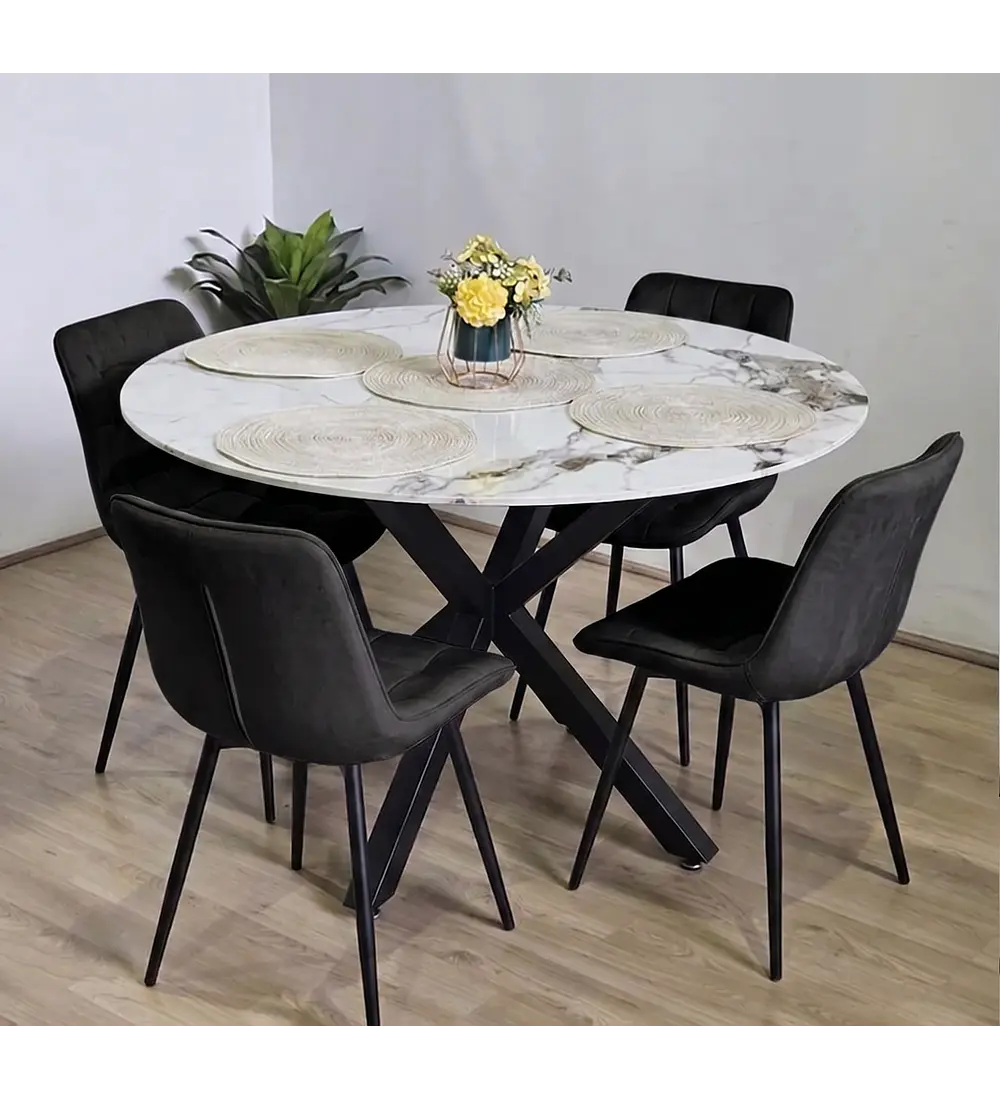 Comedor Warwick Stone + 4 Silla Capitonne Top Velvet Black