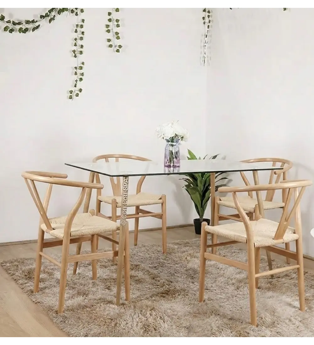 Comedor Mesa Rubi 120x80cm + 4 Sillas Wishbone Madera Cuerda e Hilo
