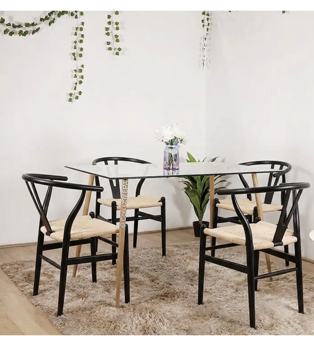 Comedor Mesa Rubi 120x80cm + 4 Sillas Wishbone Madera Cuerda e Hilo
