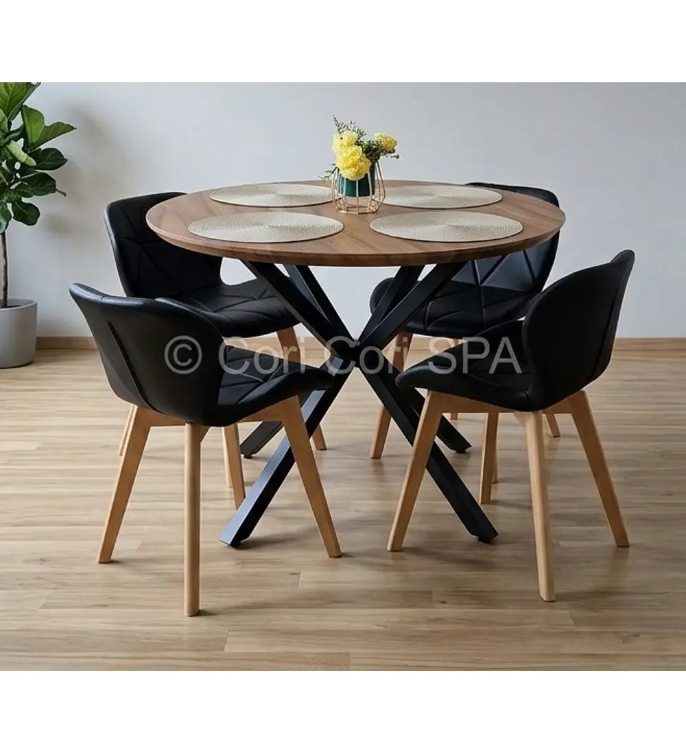 Comedor Warwick Rustica Black 120cm + 4 Sillas Mariposa Ecocuero 