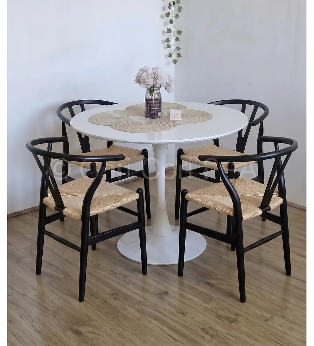 Comedor Tulip Blanca 100cms + 4 Silla Wishbone Madera