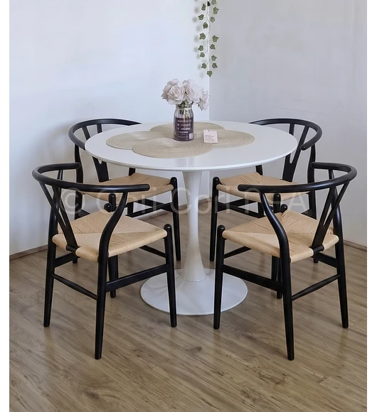 Comedor Tulip Blanca 100cms + 4 Silla Wishbone Madera