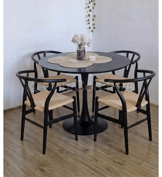 Comedor Tulip Negra 100cms + 4 Silla Wishbone Madera