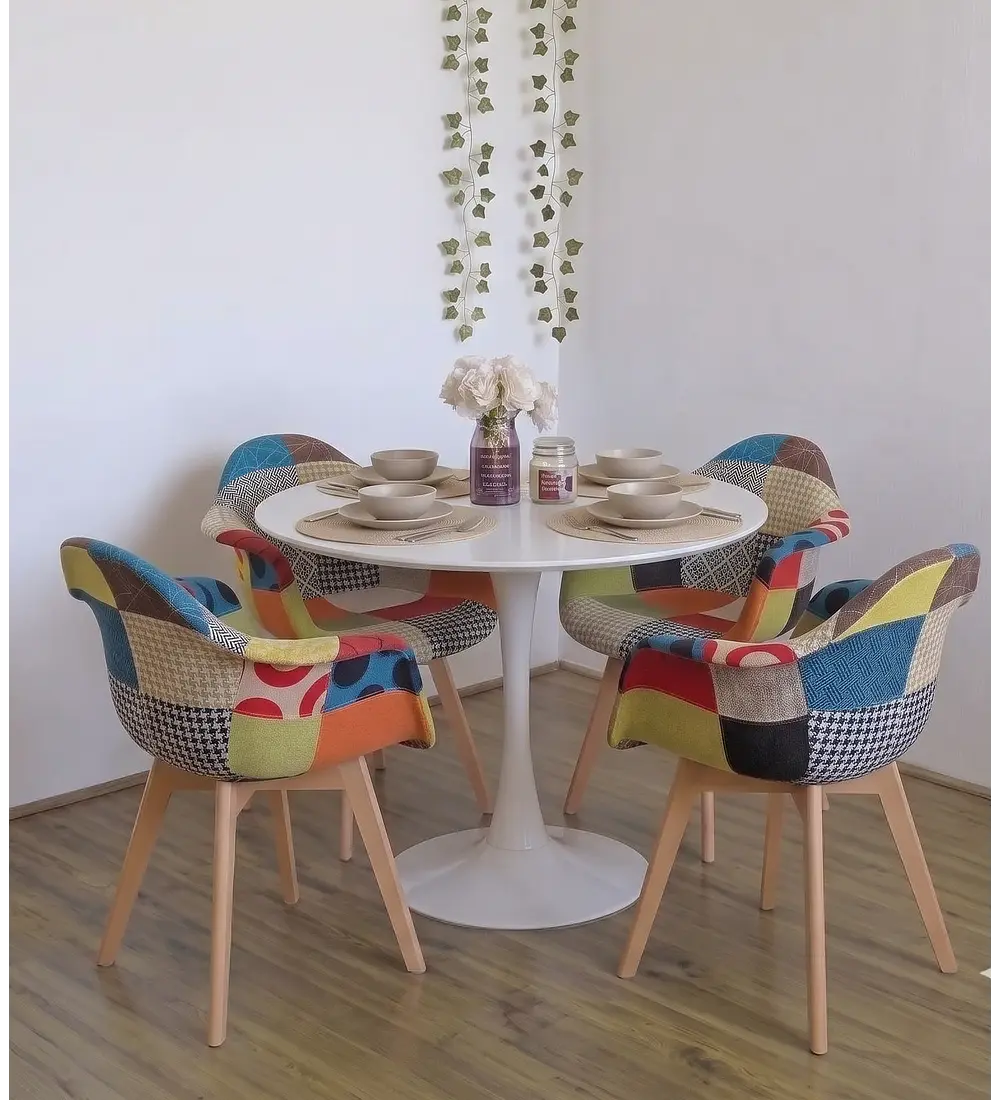 Comedor Mesa Tulip 100cms +  4 Butacas Patchwork Wood