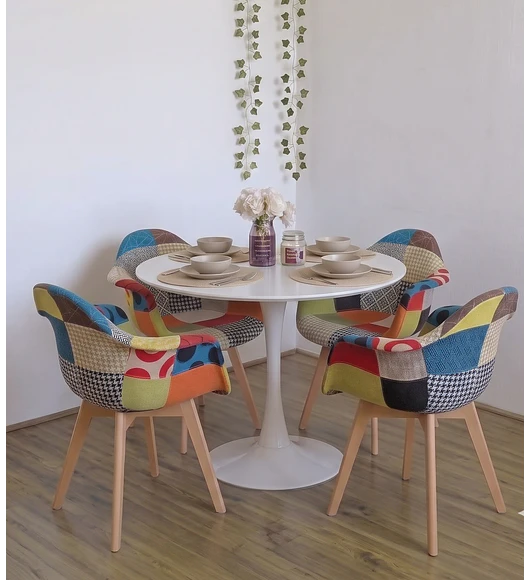 Comedor Mesa Tulip 100cms +  4 Butacas Patchwork Wood