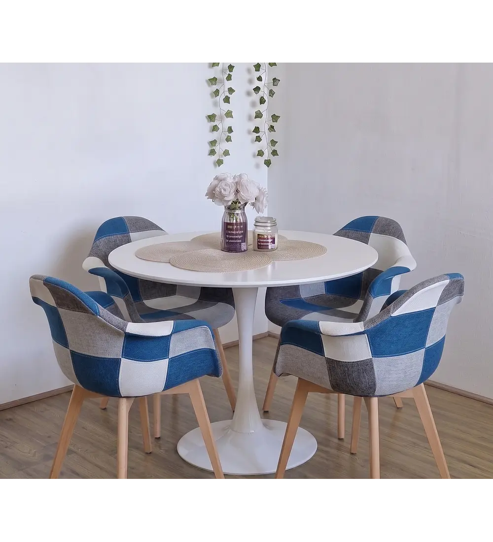 Comedor Mesa Tulip 100cms +  4 Butacas Patchwork Wood