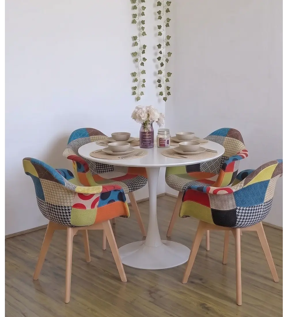 Comedor Mesa Tulip 100cms +  4 Butacas Patchwork Wood