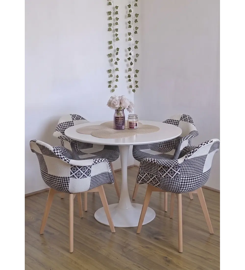 Comedor Mesa Tulip 100cms +  4 Butacas Patchwork Wood