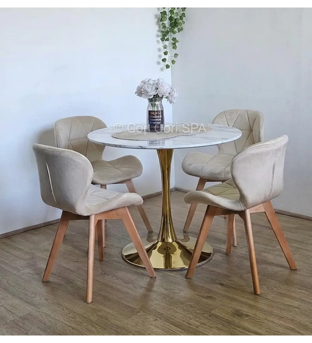 Comedor Mesa Tulip Gold 100cm + 4 Sillas Mariposa Velvet 