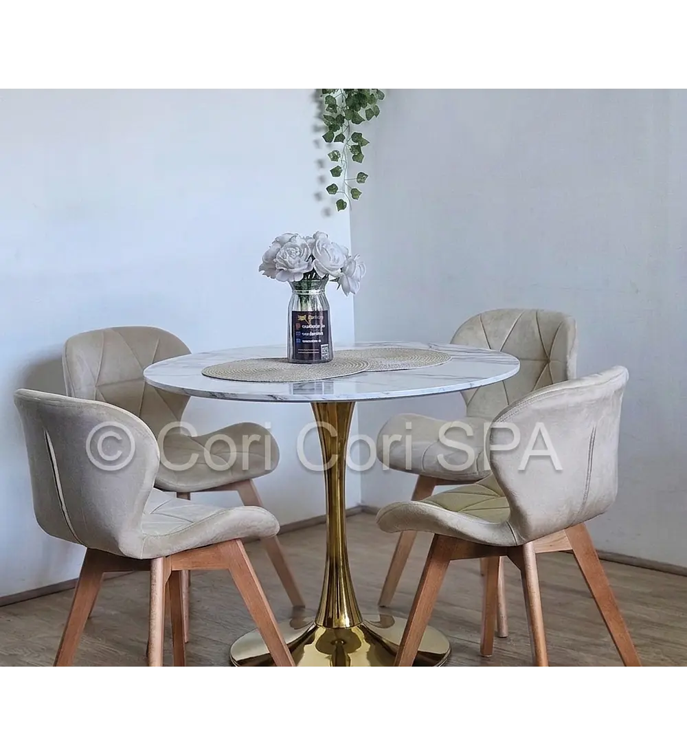 Comedor Mesa Tulip Gold 100cm + 4 Sillas Mariposa Velvet 
