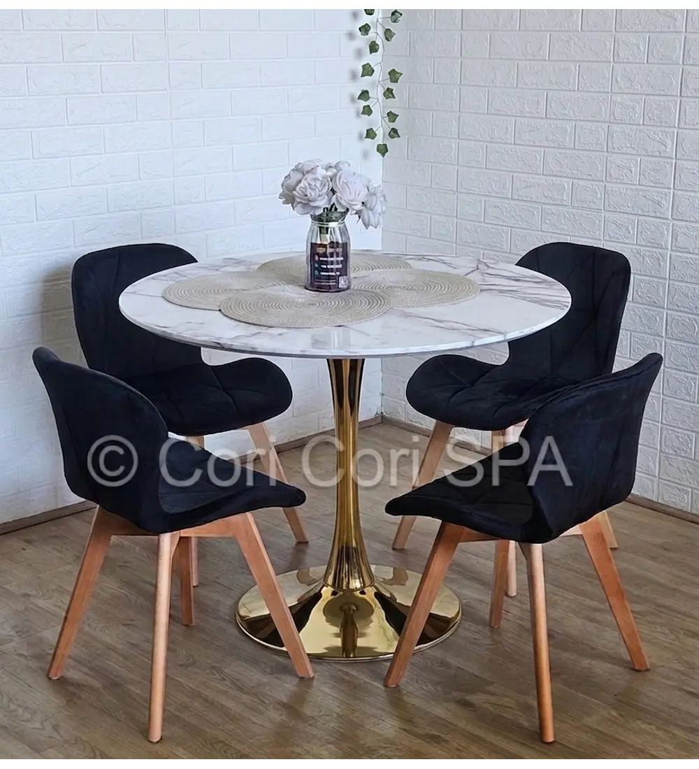Comedor Mesa Tulip Gold 100cm + 4 Sillas Mariposa Velvet 