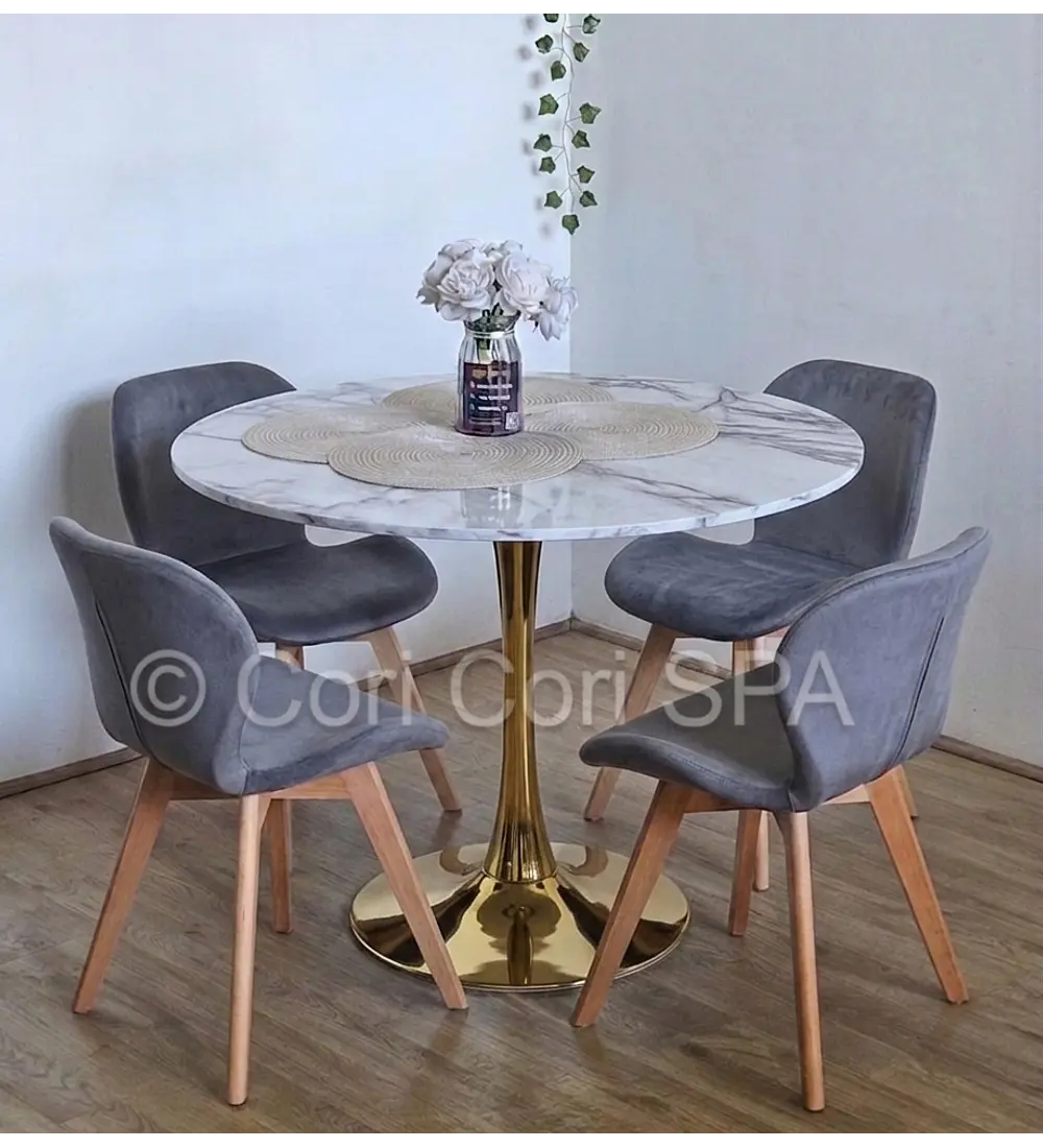 Comedor Mesa Tulip Gold 100cm + 4 Sillas Mariposa Velvet 