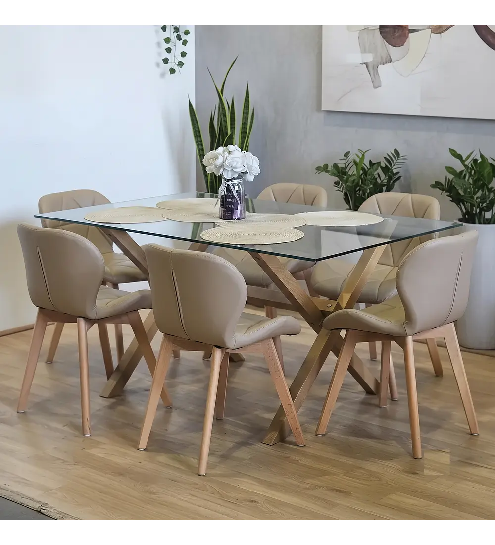 Comedor Medlock 140x90cms + 6 Sillas Mariposa Ecocuero Wood