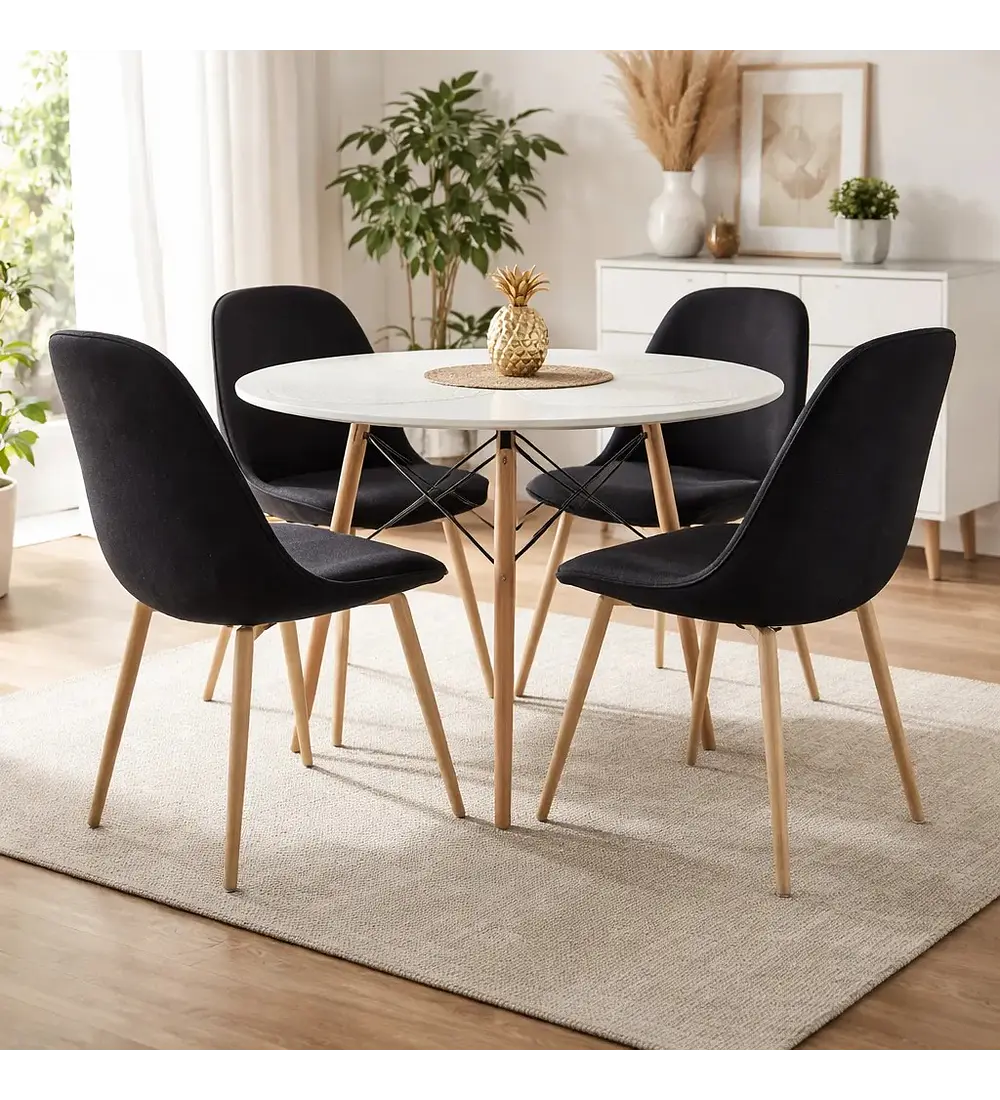 Comedor Mesa Eames Blanca 100cms + 4 Sillas Scoop Lino