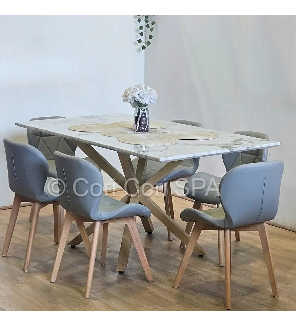 Comedor Madrid 140x80cms Stone Wood + 6 Sillas Mariposa Ecocuero Wood
