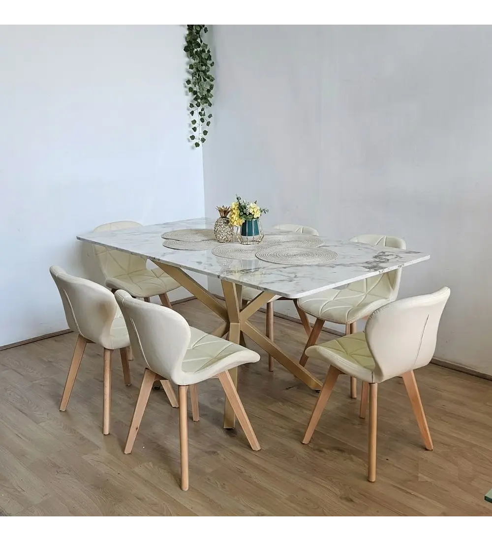 Comedor Madrid 140x80cms Stone Wood + 6 Sillas Mariposa Ecocuero Wood