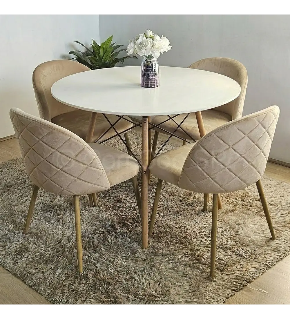 Comedor Melamina Blanca 120cm + 4 Sillas Bread Wood