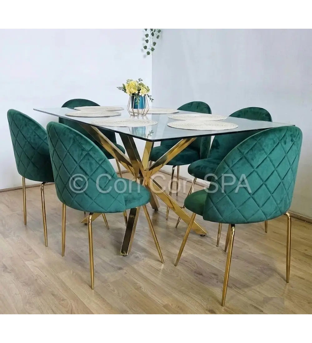 Comedor Madrid Dorada + 6 Sillas Bread Gold Velvet