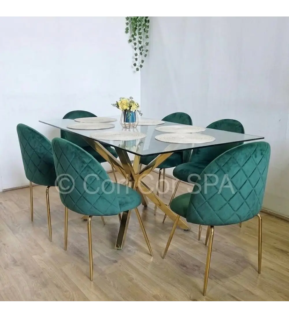 Comedor Madrid Dorada + 6 Sillas Bread Gold Velvet