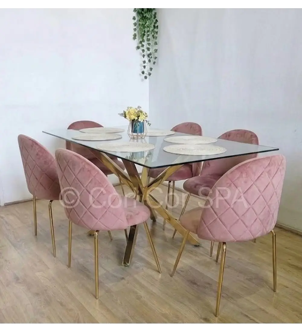 Comedor Madrid Dorada + 6 Sillas Bread Gold Velvet
