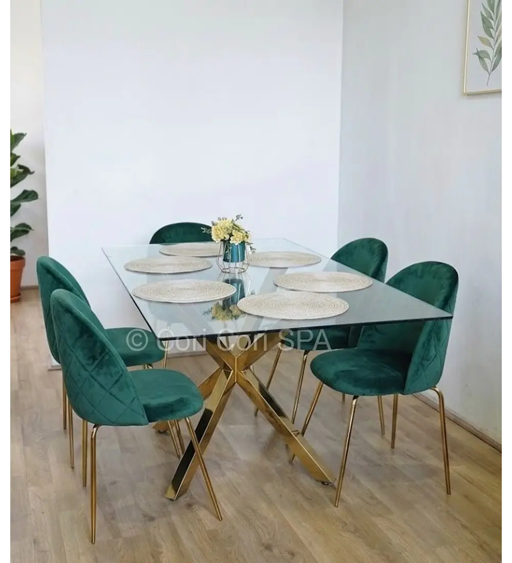 Comedor Madrid Dorada + 4 Sillas Bread Gold Velvet 