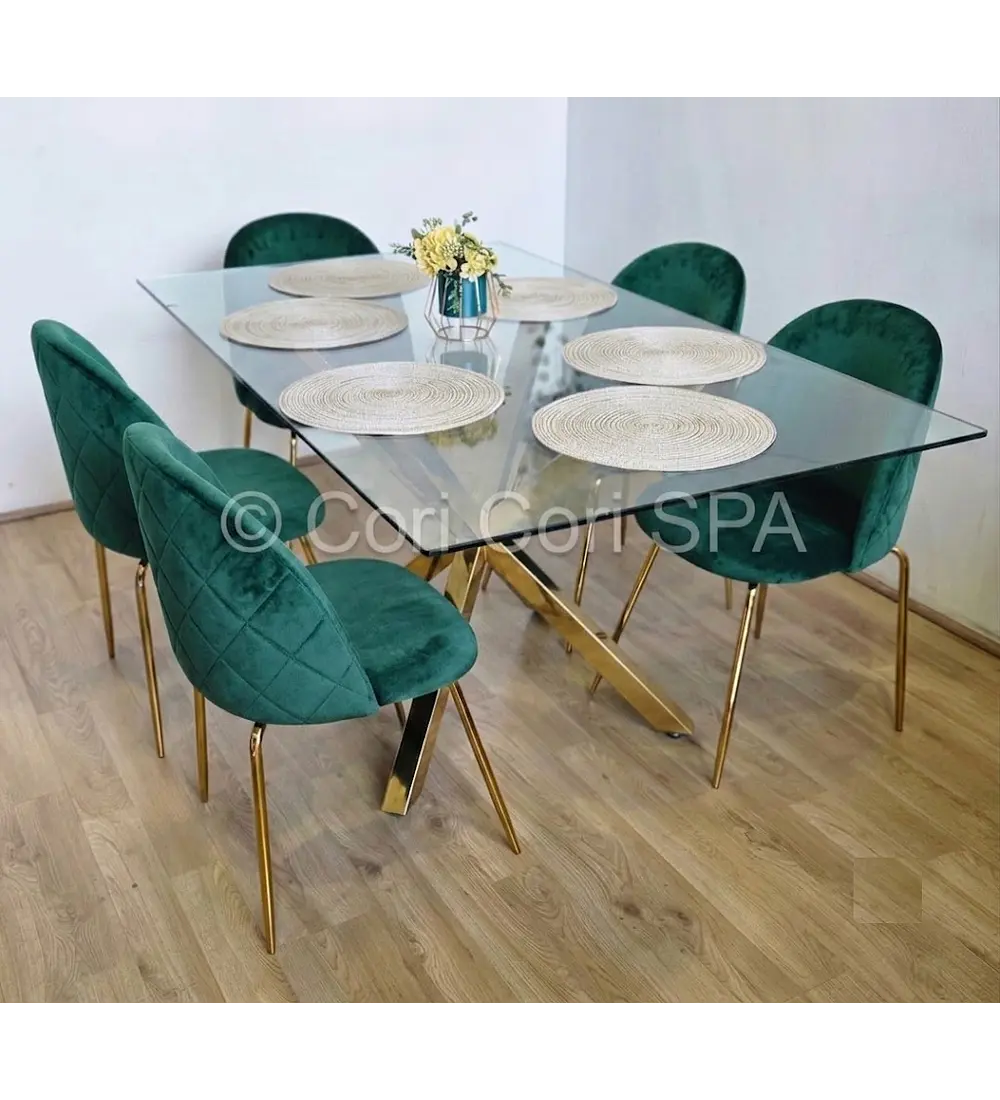 Comedor Madrid Dorada + 4 Sillas Bread Gold Velvet 