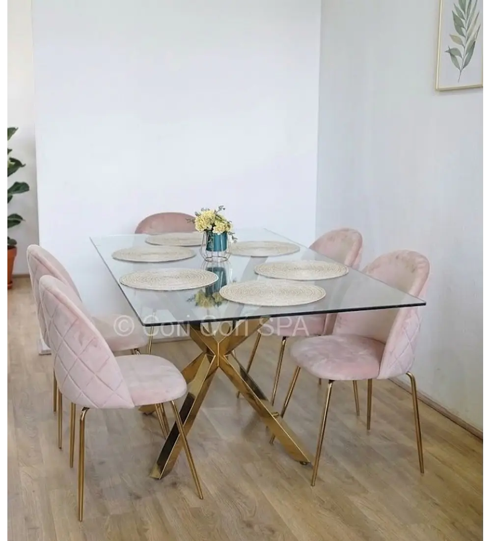 Comedor Madrid Dorada + 4 Sillas Bread Gold Velvet 