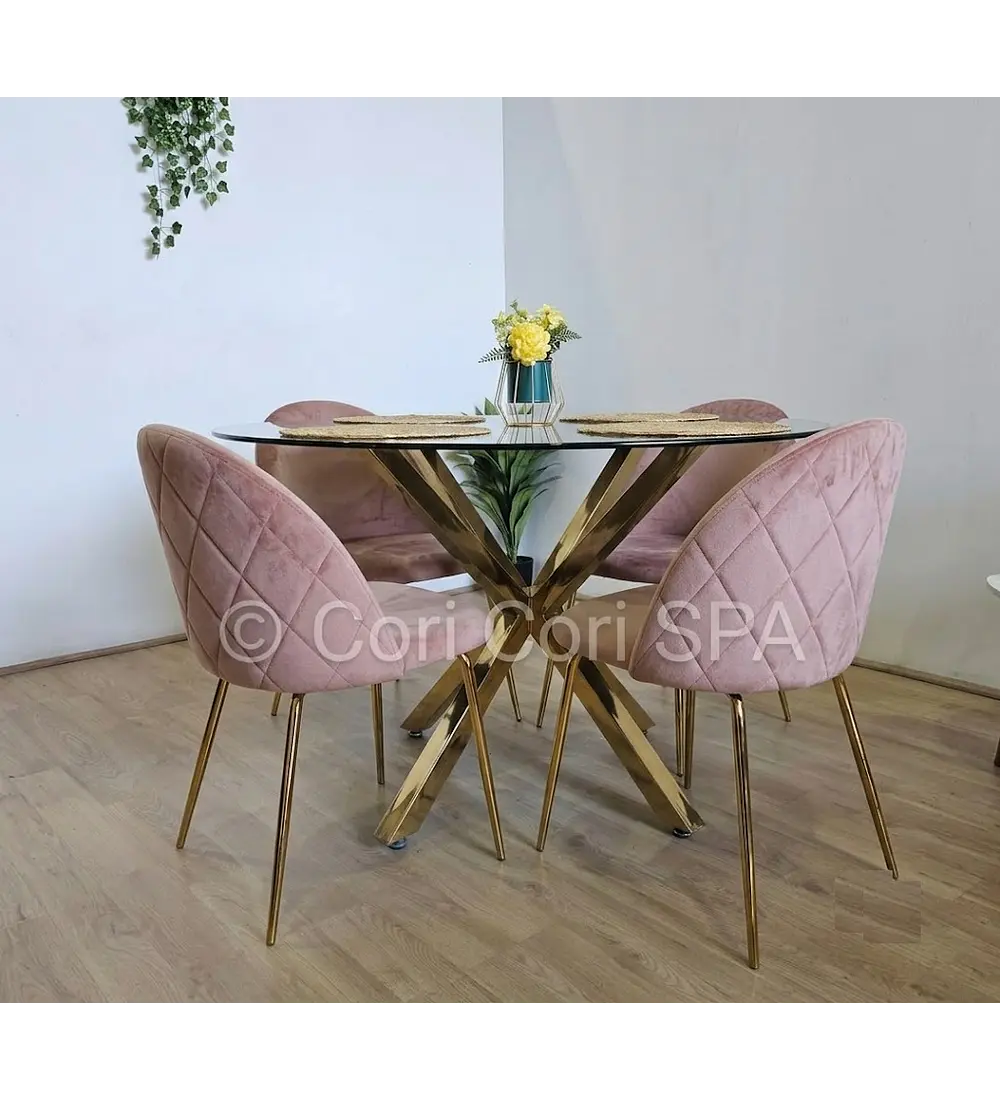 Comedor Warwick Dorada  + 4 Sillas Bread Velvet Gold 