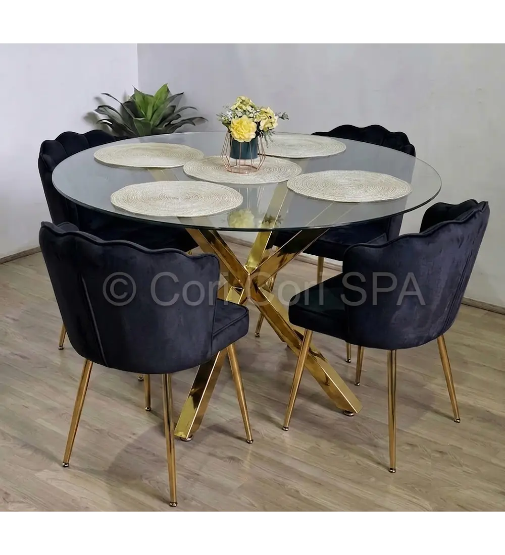Comedor Mesa Warwick Dorada + 4 Sillas Corona Gold